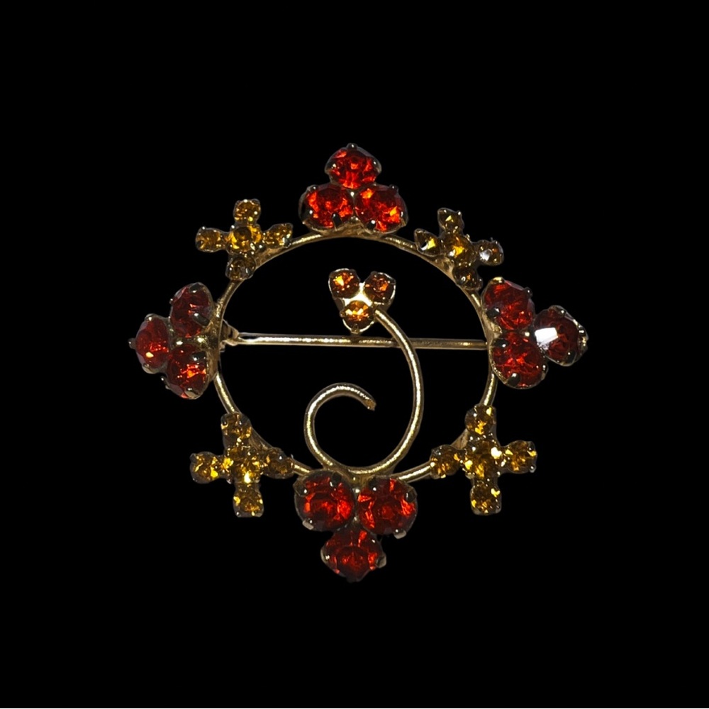 Vintage Red and Amber Rhinestone Brooch